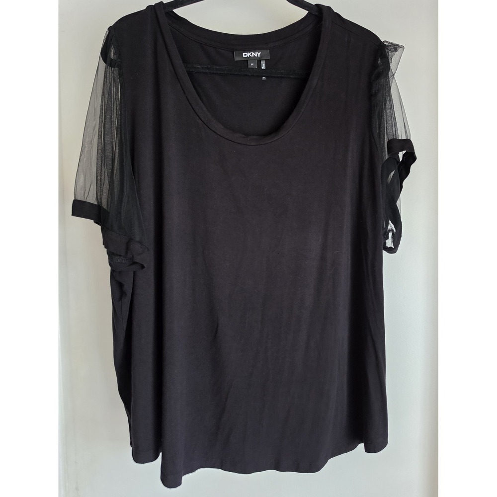 DKNY Blouse Women 2X Black Short Sleeve Top Shirt Tunic Plus Size Sheer Sleeves